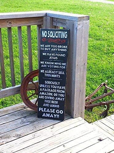 weewen No Soliciting Front Door Sign Go Away Sign Too Broke to Buy Front Porch Sign No Solicitation Solicitors Wood Signs Wall Art Farmhouse Style Hand Painted Plaque