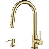 FORIOUS Gold Kitchen Faucet with Pull Down Sprayer, Modern Single Hole Kitchen Sink Faucet with Soap Dispenser, Deck Plate, Single Handle, High Arc Stainless Steel for RV Bar Farmhouse Laundry