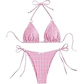 WDIRARA Women's Plaid Gingham Bikini Set String Triangle Halter Swimsuit High Cut 2 Piece Bathing Suit
