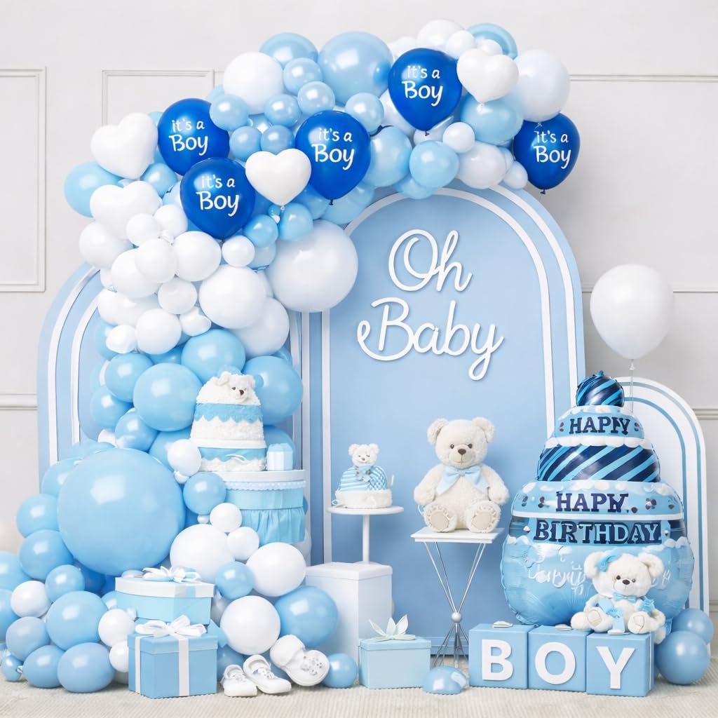Blue Party Balloon Arch Kit 62 Pcs Pastel White Baby Boy with 32 Inch Cake Foil Mix 5 10 18 Inch Party Decoration Kids Boy Girls Birthday Baby Shower Décor Event