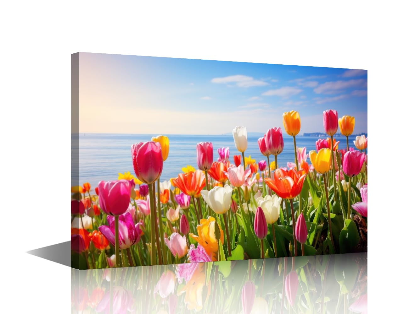 Wall Art for Living Room Field of Colorful Tulips Bedroom Wall Decor Coast Flower Wall Paintings for Office Ocean Print On Canvas Modern Artwork Stretched and Framed Ready to Hang 16" Wx24 H