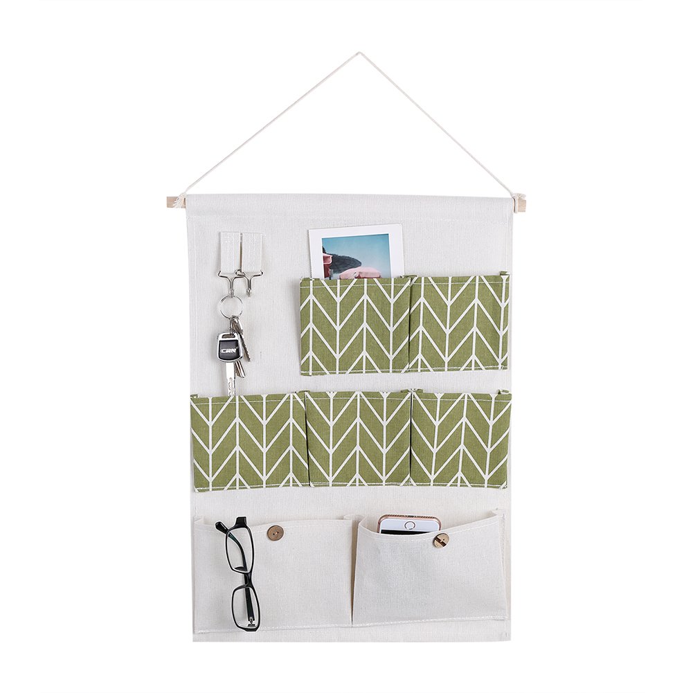Hanging Storage Bag With 7 Pockets Cotton Linen Wall Door Closet Hanging Storage Bags Organizer For Managing Small Objects(Green)