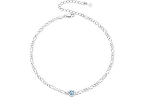 SILVERCUTE Figaro Anklets for Women, Sterling Silver Diamond Cut 3mm Link Chain Ankle Bracelet with Heart/Round Birthstone, Length 8.5"-10.5"