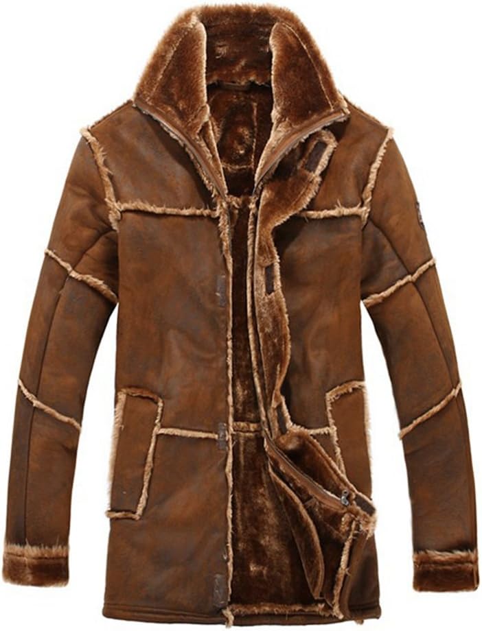 Mrs Duberess Men's Winter Thick Warm Vintage Suede Sheepskin Jacket Faux Fur Leather Jacket Cashmere Shearling Long Coat
