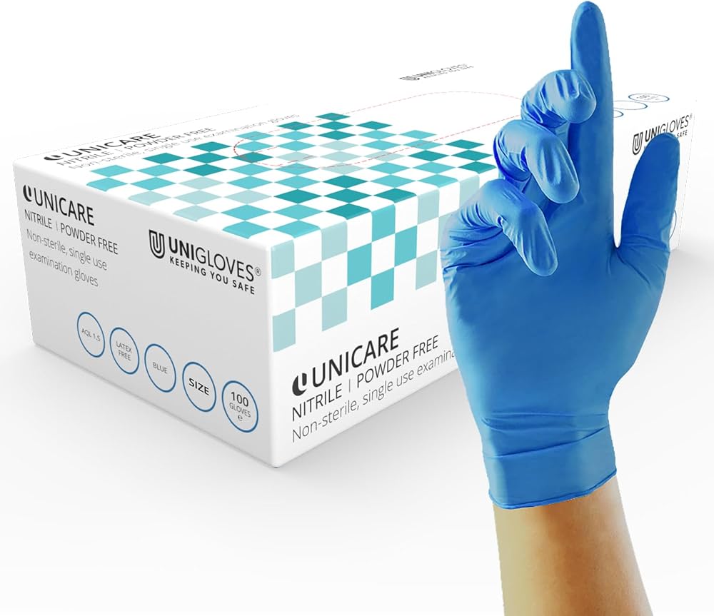 Unigloves Unicare Nitrile Examination Gloves Medium Blue Box of 100