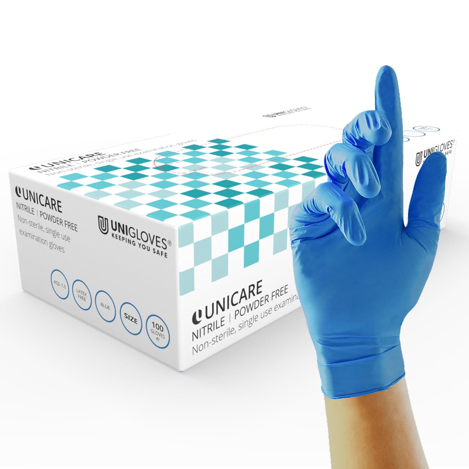 Unigloves Unicare Nitrile Examination Disposable Gloves - Multipurpose, Powder Free, Medical Gloves - Box of 100 Gloves, Blue, Extra Large (GS0035)