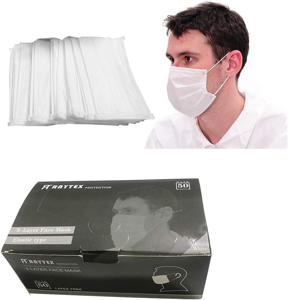 Raytex Dust Allergy Flu Masks-Nelson-Certified-50/bx 3-Ply Superior Disposable Latex Free Face Mask, Breathable and Comfortable with Premium Elastic Ear Loop for Medical Dental Surgical (White)