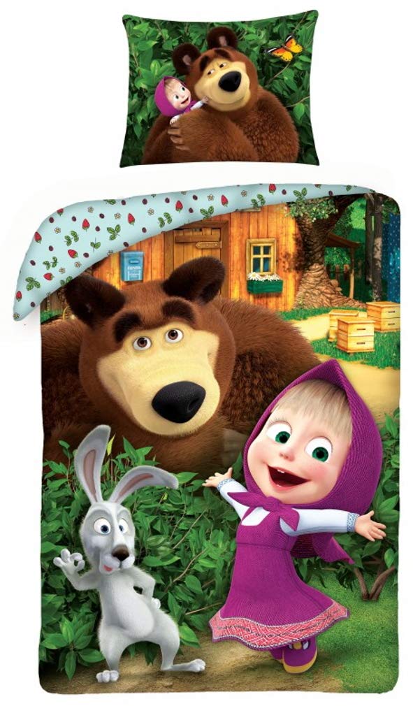 Halantex - MB-2232 - Reversible Bed Set Masha And Bear with Blue Bag Duvet Cover and Pillowcase - Multicolor - 100% Cotton - 140x200cm + 70x90cm