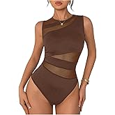 Milumia Women's Cut Out Sheer Mesh Bodysuit Top See Through Sleeveless Body Suits Going Out