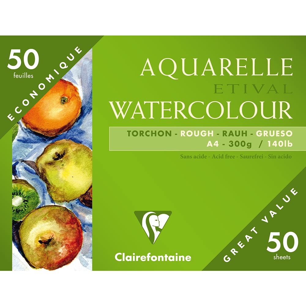 Clairefontaine - Ref 96465C - Etival Rough Grained Watercolour Sheets (50 Sheets) - A4 (29.7 x 21cm) Size, Acid Free, pH Neutral, 300gsm Paper - Suitable for Watercolour Artwork