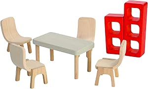 PlanToys Wooden Dollhouse Furniture Set - Dining Room (7348)| Sustainably Made from Rubberwood and Non-Toxic Paints and Dyes