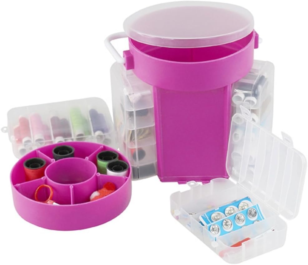 Jeval 210 Pieces Sewing Kit Deluxe Needle Thread Buttons Set Travel Storage Box Caddy/Super Costurero 210-Piece Sewing Kit Storage Caddy Organizer (Pink/210 pcs)