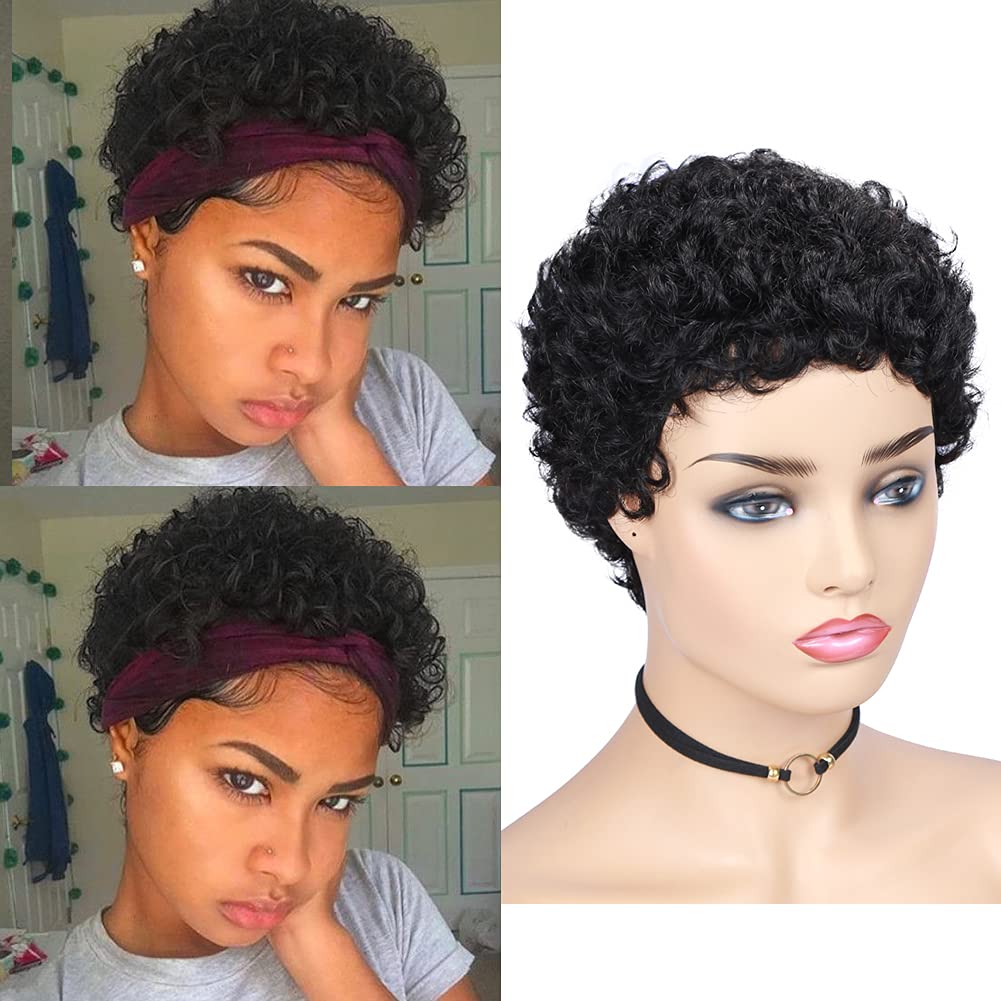HANNE Short Curly Pixie Cut Human Hair Wigs for Black Women 100% Remy Brazilian Soft Hair Curly Cut Pixie Human Wigs for Black Women Glueless Human Hair (Natural Black)