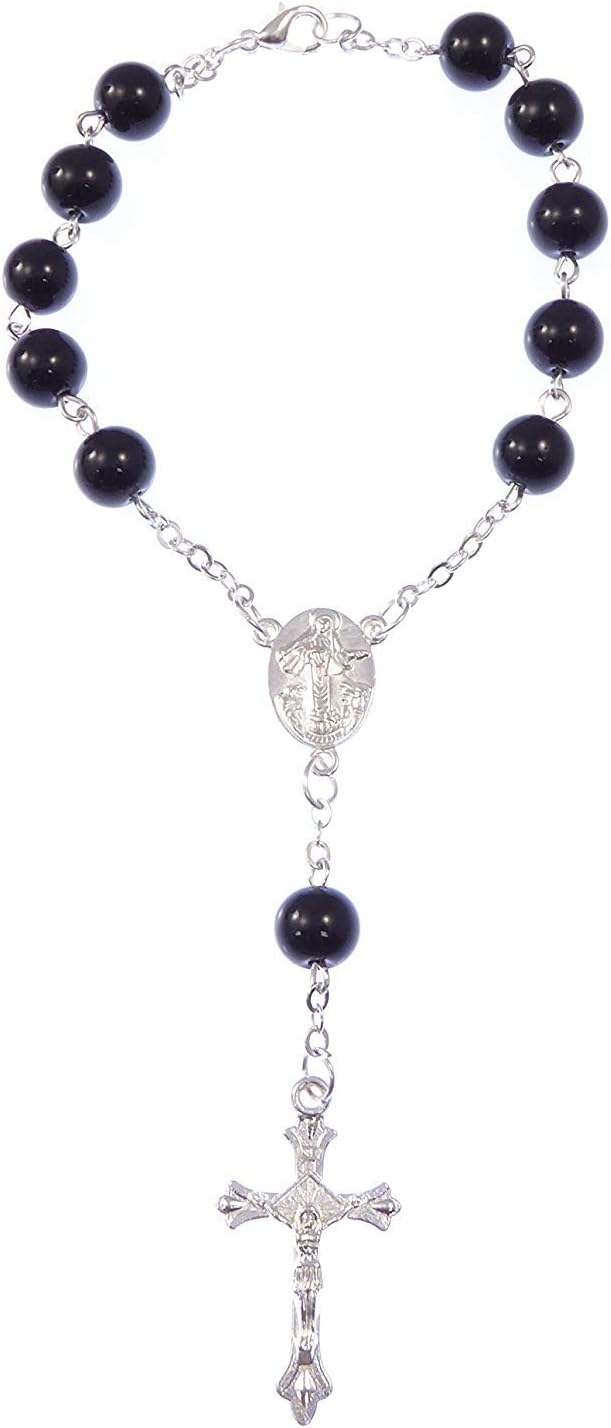 Black Glass Rosary Bracelet with Clasp 8mm Beads and Silver Chain