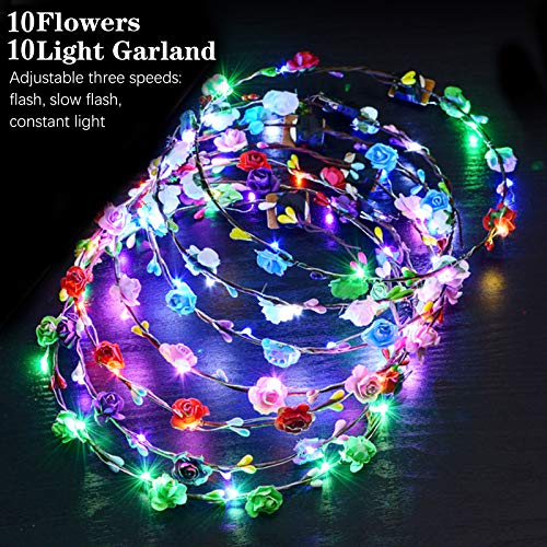 LED Flower Crowns Headband, JUSTDOLIFE 12 Pack LED Flower Wreaths with 10 LED Light Up Luminous Flower Headdress for Girls Women Bar Party Birthday Wedding Holiday