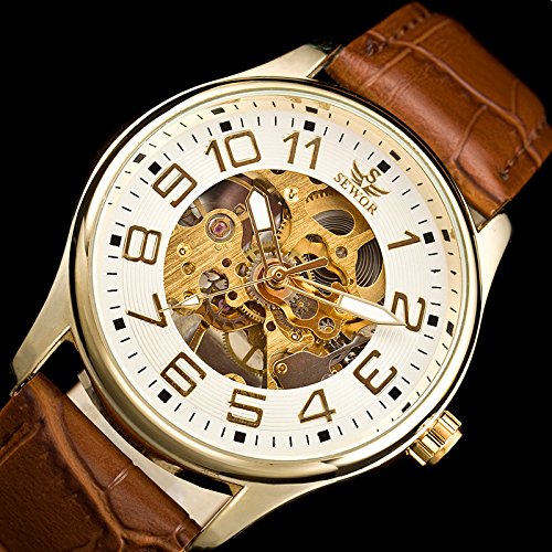 Sewor Mens Skeleton Transparent Mechanical Watch Brown Leather Skeleton Movement (Gold White)