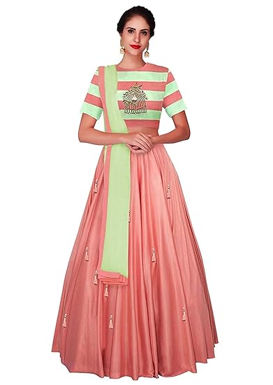 Womens Silk Semi-Stitched Lehenga Choli (YF-15, Peach , Free Size)