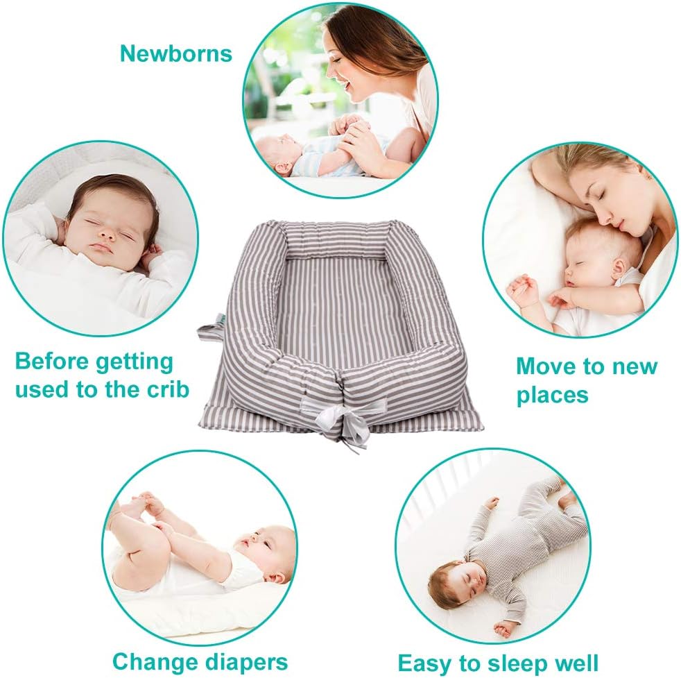 Windream Baby Nest Baby Lounger-Grey Striped Breathable, Washable, Portable and Lightweight Perfect for Cuddling, Lounging, Co Sleeping, Napping and Travel Bassinet(0-24 Months): Home & Kitchen