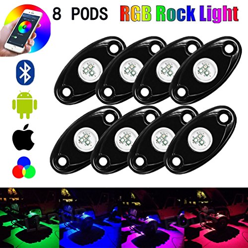 TJX-Inc RGB LED Rock Lights Bluetooth Multicolor Neon LED Light Kit for Jeep Off Road Truck Car ATV SUV Vehicle Boat Underbody Glow Trail Rig Neon Lights Waterproof (8 POD)