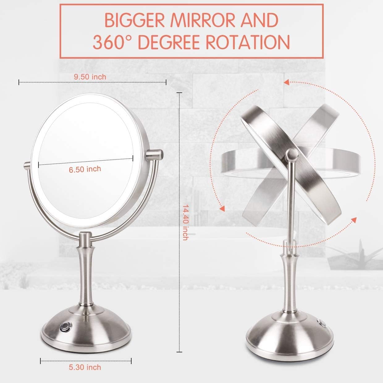 AmnoAmno LED Makeup Mirror-10x Magnifying,7.8" Double Sided Lighted Vanity Makeup Mirror with Stand, Touch Button Adjustable Light-Cord or Cordless (sliver): Home & Kitchen