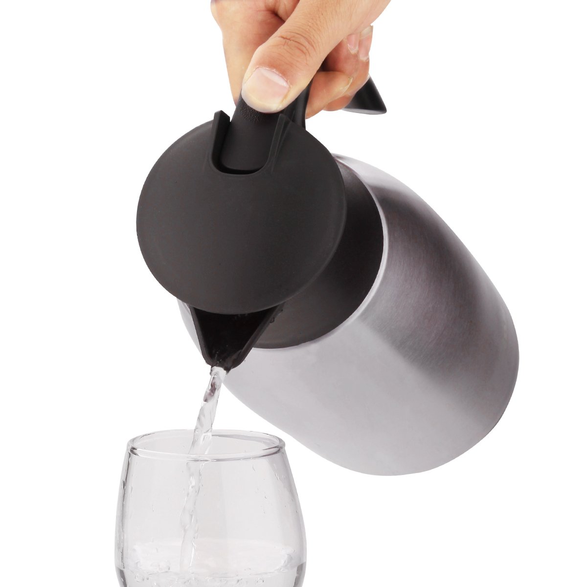 Pot de café - JUNING 2L Thermal Carafe Acier inoxydable à double paroi isolé Pile à thé / eau à grande capacité avec bouton de pression Argent