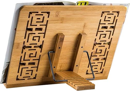 Amazon Com Bamboo Book Stand 11 X 8 Inch Adjustable Foldable Wood Cookbook Recipe Book Holder For Kitchen Textbooks Document Desktop Reading Rest Stand With Splash Guard Office Products