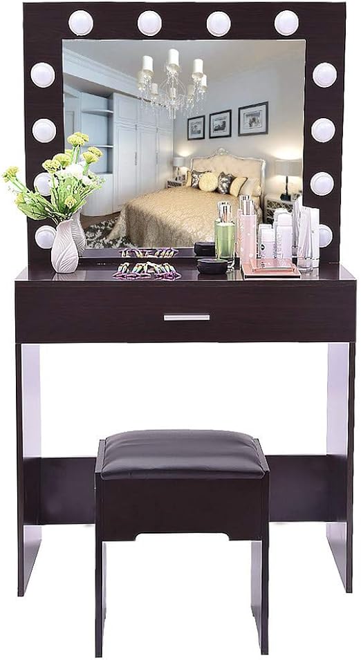 makeup vanity with lighted mirror and drawers