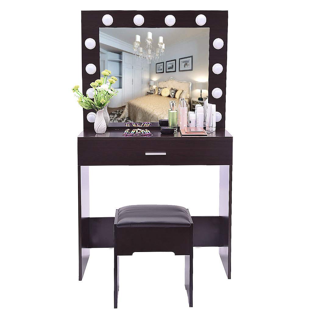 Vanity Set With Lighted Mirror Wood Makeup Dressing Table With 12 Led Bulbs 1 Sliding Drawer 1 Cushioned Stool Vanity Table Dresser Desk Vanity Benches Set For Bedroom Ship From Usa Black Kitchen