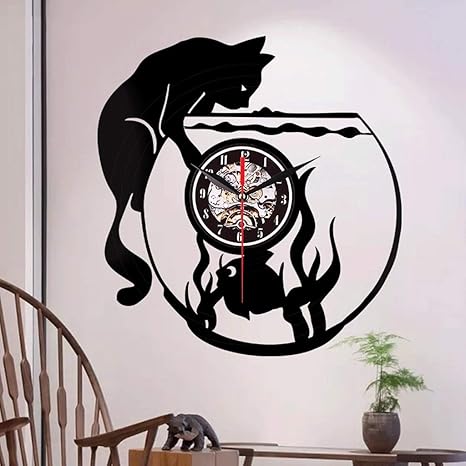 Dyy Kitten Fish Tank Vinyl Record Wall Clock With Remote