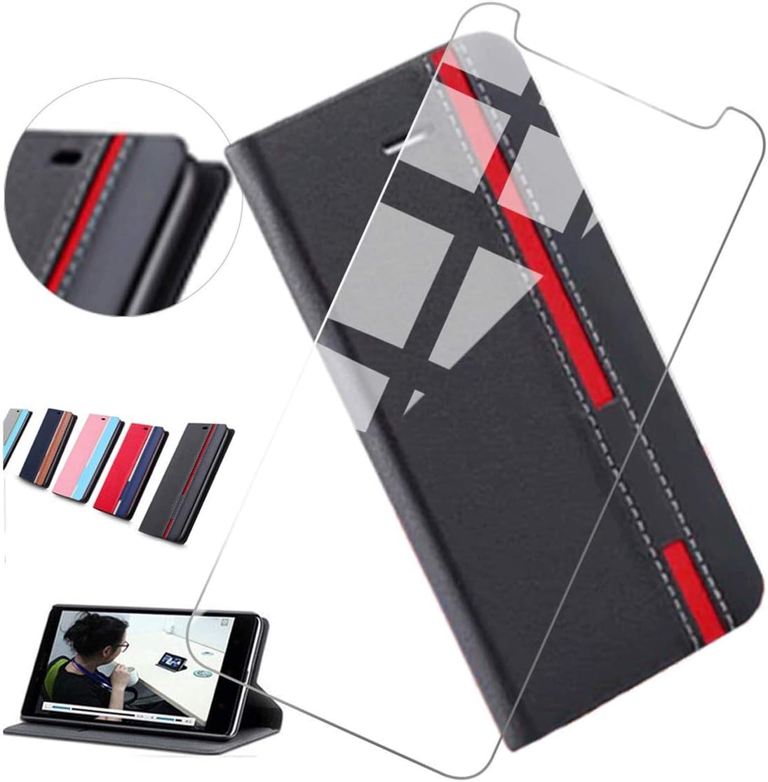 KJYF Wallet Case + Tempered Glass Screen Protector for Nokia 2.3 (6.20"), Flip Shell PU Leather Phone Cover Protective Compatible with for Nokia 2.3 (6.20").