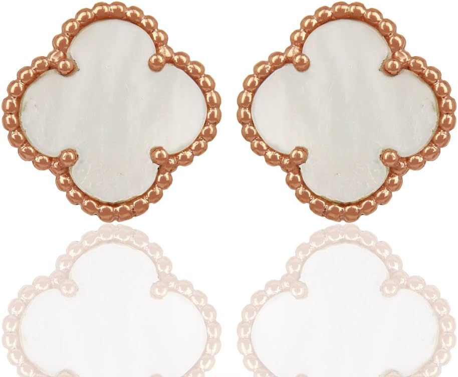 Women Fashion Gold Plated Four Leaf Flower Stud Earrings, Designer Jewelry