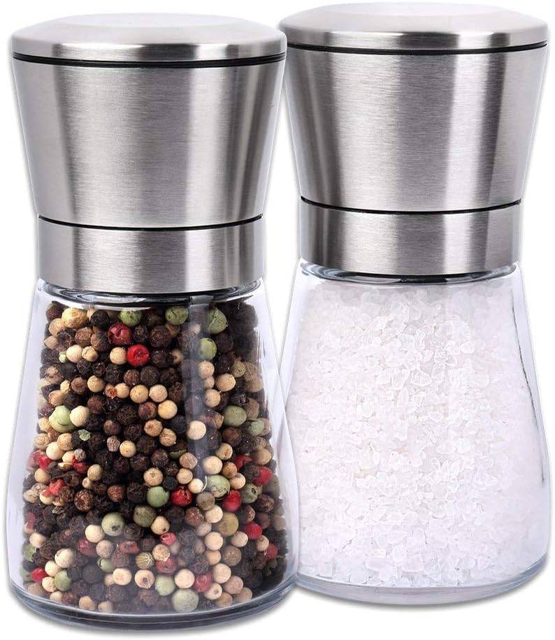 Salt and Pepper Grinder Set - Premium Stainless Steel Salt and Pepper Mill with Glass Body, Silicon Stand and Adjustable Ceramic Coarseness
