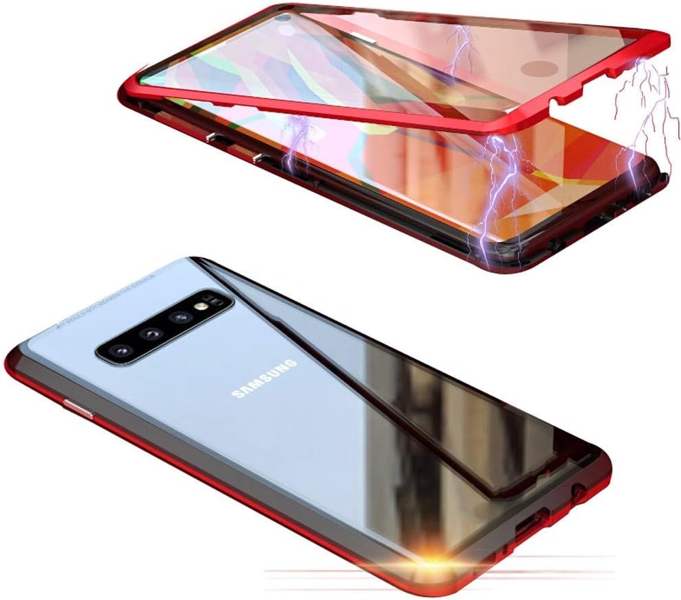 Compatible for Samsung Galaxy S10 Plus Case Magnetic Adsorption Magnets Aluminum Frame Transparent Front and Back Tempered Glass Anti Scratching Ultra thin 360 Degree Fully Screen Protective Cover