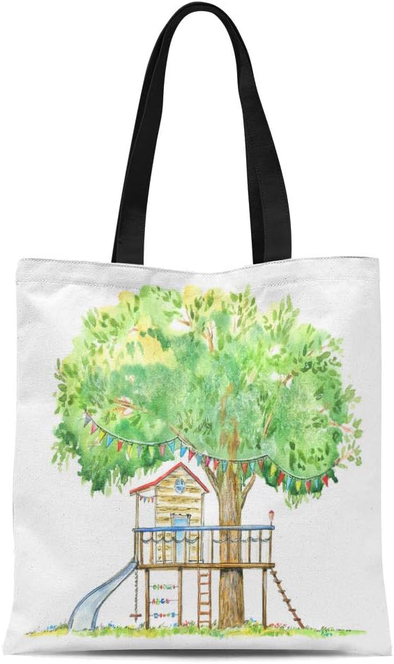 Suninapril Canvas Tote Bag Reusable 16"x14" Baby Tree House Swing Slide Playhouse Summer White Watercolor Forest Kids Wood Durable Print Natural Large Capacity Multifunction Pocket Container