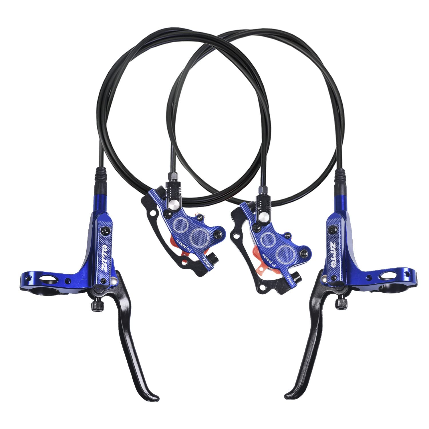 ThinkTop Bike 4 Piston Hydraulic Disc Brake, CNC Machining MTB Bicycle Oil Pressure 4 Piston Driving Brake Caliper, Left (Front) 800/Right (Rear) 1400mm (Blue)