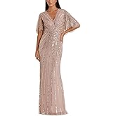 Sequined V-Neck Cape Sleeve Column Dress by Mac Duggal