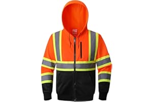 Kazsaifo Safety Sweatshirts for Men Women Class 3 High Visibility Hooded Sweater Reflective Men Hooded Fleece Sweatshirt with Zipper Hi Vis Zip Hoodie with Black Bottom and Pockets(KZV-OrangeLink-XL)