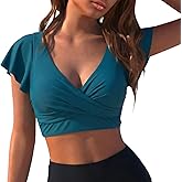 Mycoco Women's Ruffled Short Sleeve Underwire Bikini Top Full Coverage Bikini Top Twist Front Padded Swim Top