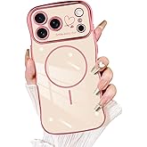 Fiyart Designed for iPhone 17 Pro Max Case 2025, Cute Wave Frame Curly Shape Love Hearts Plating for Women Girls Camera Protection Compatible with MagSafe Magnetic Shockproof Bumper 6.9"-Pink