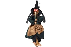 NICEYST Witch on Broom Halloween Hanging Doll with Welcome Plaque Creepy Halloween Decoration Props for Front Door Haunted House Bar Restaurant KTV Décor Hanging Scary Ghost Party Decor