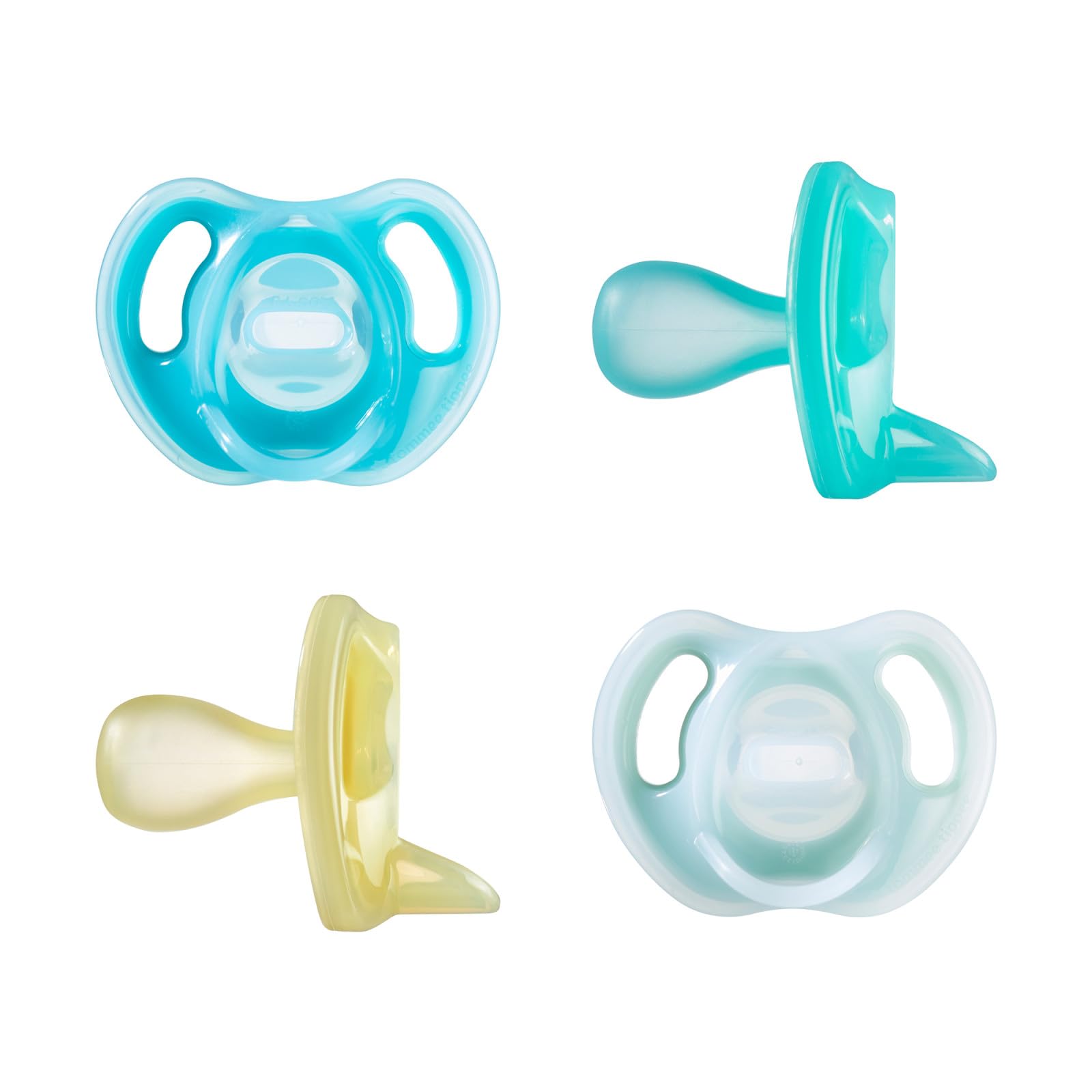 Photo 1 of Tommee Tippee Ultra-Light Silicone Pacifier, 6-18 Months, Symmetrical One-Piece Design, BPA-Free Silicone Binkies, Blue/Green/Yellow, Pack of 4