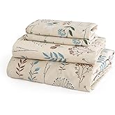 JSD Beige Boho Floral Cotton Sheet Set Full Size, 300 TC Printed Sateen Bed Sheets Deep Pocket, Soft Breathable Wrinkle Free