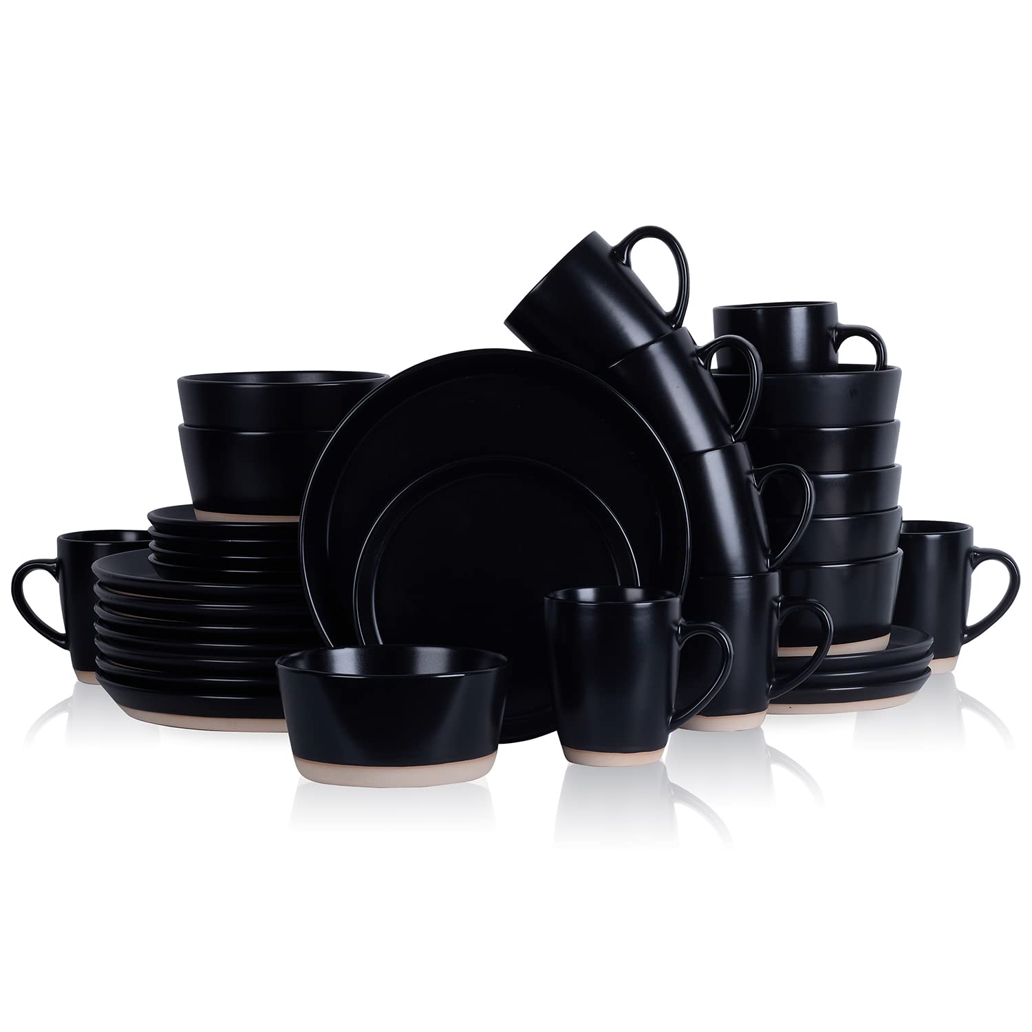 Stone Lain Jules Modern Stoneware 32-Piece Round Black Dinnerware Set, Plates and Bowls Sets, Dish Set for 8, Black Image