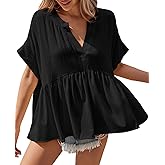 Tankaneo Womens Summer Babydoll Tops V Neck Short Sleeve Pleated Flowy Shirts Casual Loose Fit Peplum Blouse