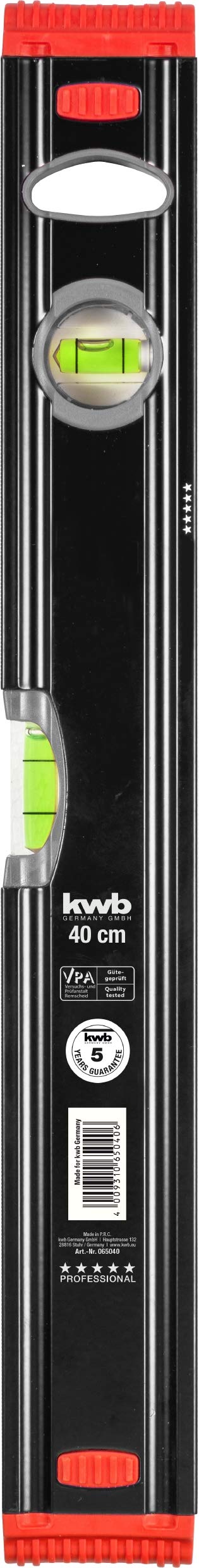 Kwb Aluminium Spirit Level 40 cm, Shockproof Bubble Level, 0.5 mm / Accuracy, VPA-Tested, High-Precision Ground, 1 Horizontal and Vertical Bubble Level Each Incl. Rubber Lintel Protection
