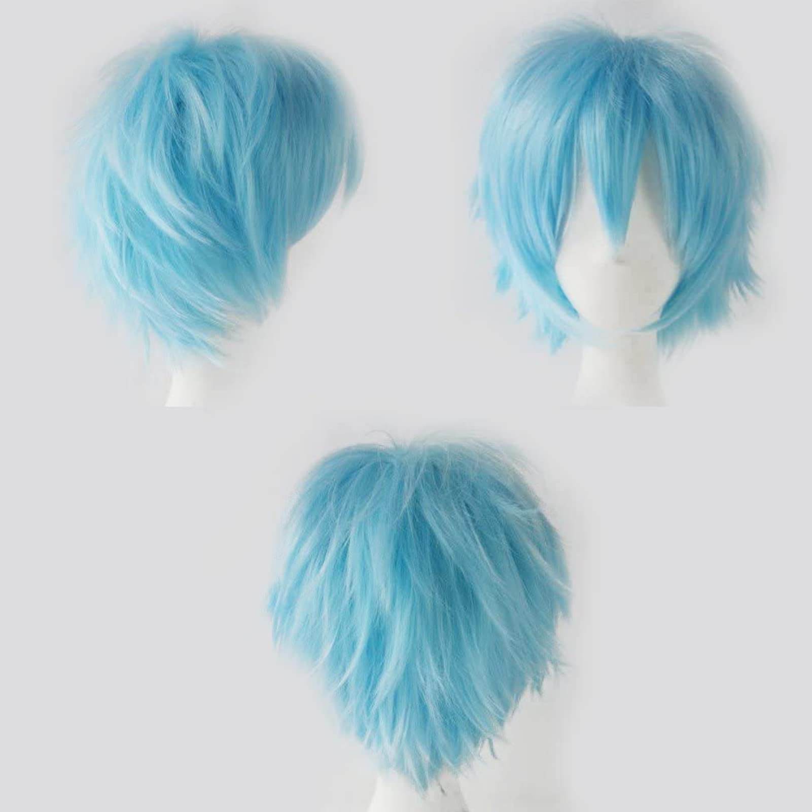 Cybelleza Anime Cosplay Wig - Short Synthetic Curly Straight Layered Fluffy Sky Blue Wig with Free Cap