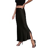 Women's Satin Silky Midi Skirt Side Slit high Waist Elastic Waistband A line Long Flowy Skirts for Women Formal Wear