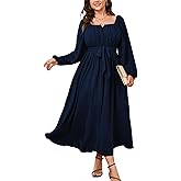 SCOMCHIC Women Plus Size Maxi Dress Long Sleeve Square Neck Wedding Guest Cocktail Belted Elegant Flowy A Line Long Dresses