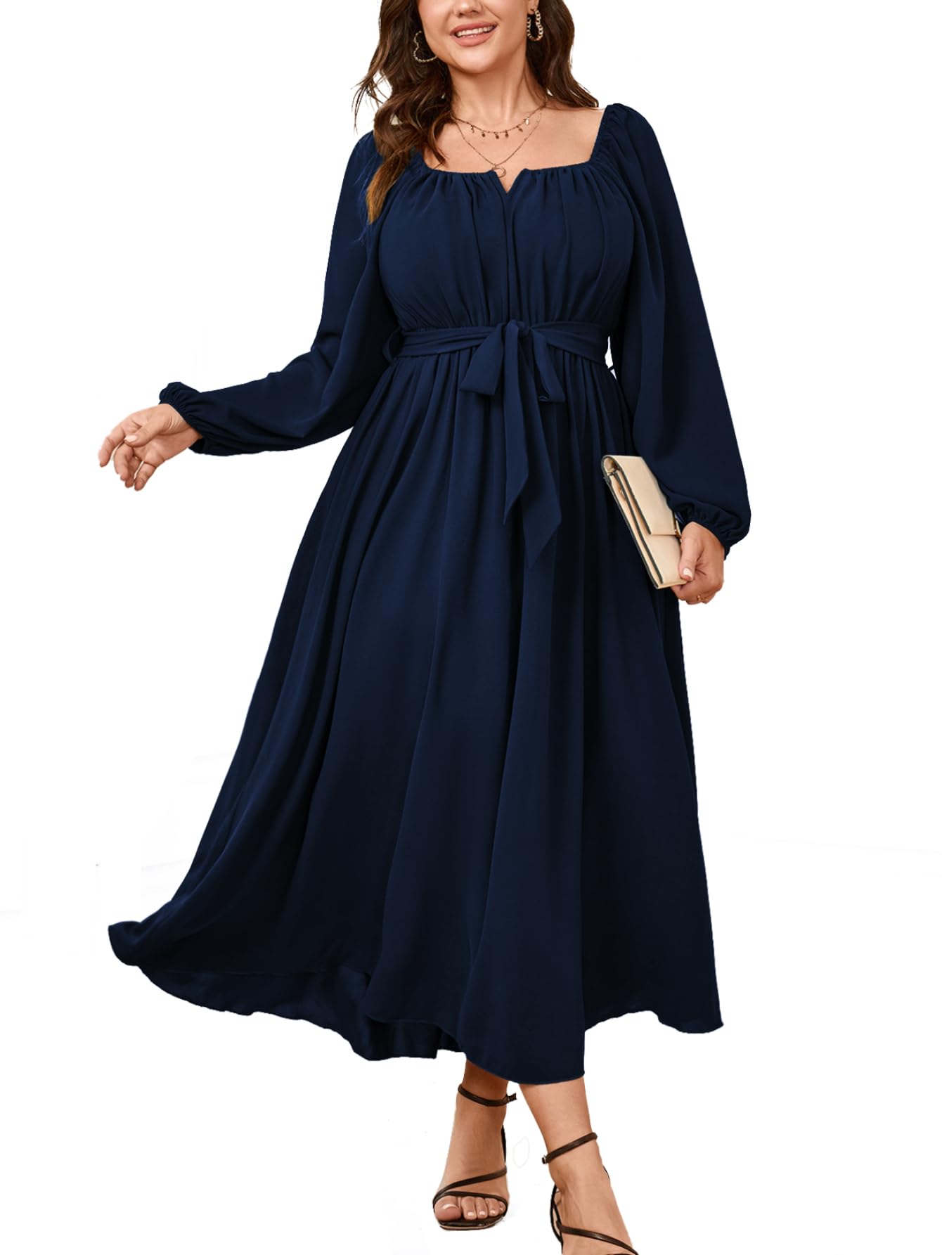 Photo 1 of SCOMCHIC Women Plus Size Maxi Dress Long Sleeve Square Neck Wedding Guest Cocktail Belted Elegant Flowy A Line Long Dresses Navy Blue- 4XL 