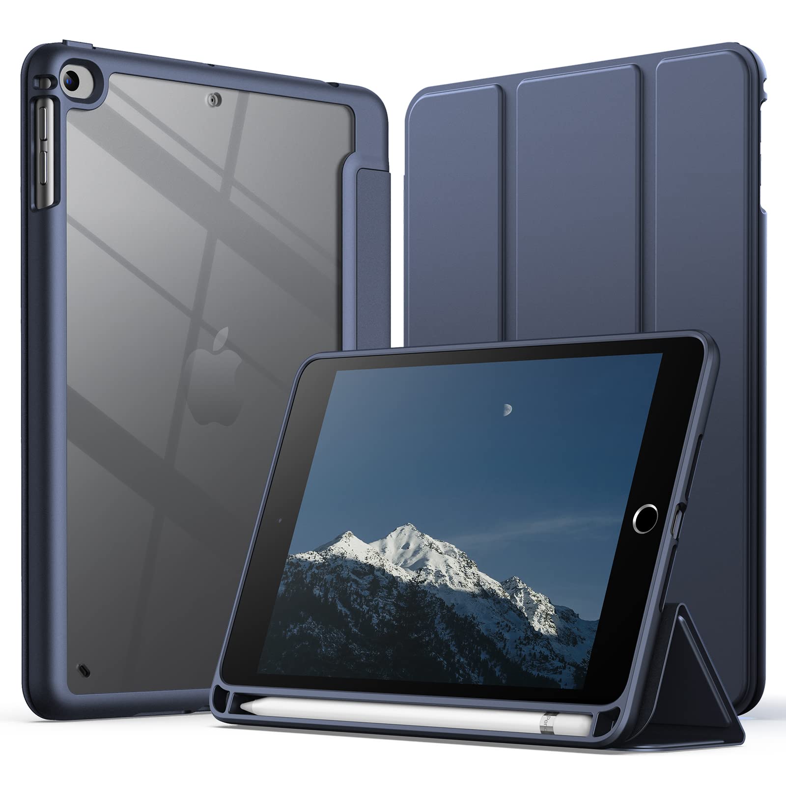 JETech Case for iPad mini 5/4 (7.9-Inch 2019/2015 Model) with Pencil Holder, Clear Transparent Back Shell Slim Stand Shockproof Tablet Cover, Auto Wake/Sleep (Navy Blue)